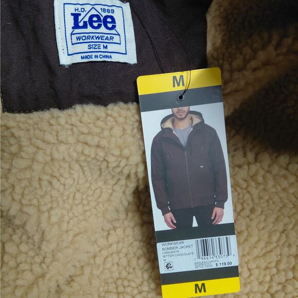Lee Workwear Bomber Jacket Mens Medium Brown Sherpa Lined Hooded Coat Outdoor - Picture 10 of 14